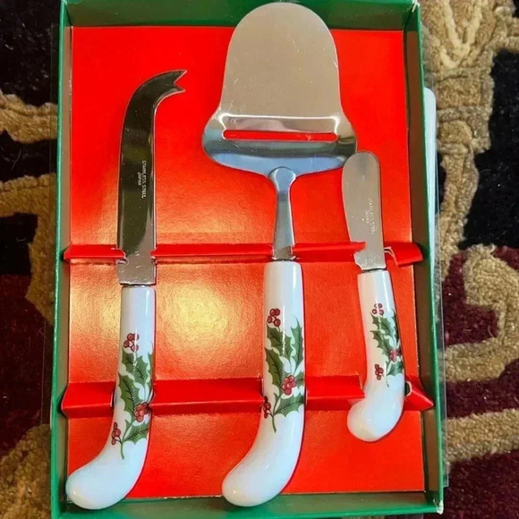 Vintage Holiday Holly Berry 3 Piece Cheese Set Stainless Steel Made In Japan - Picture 1 of 9